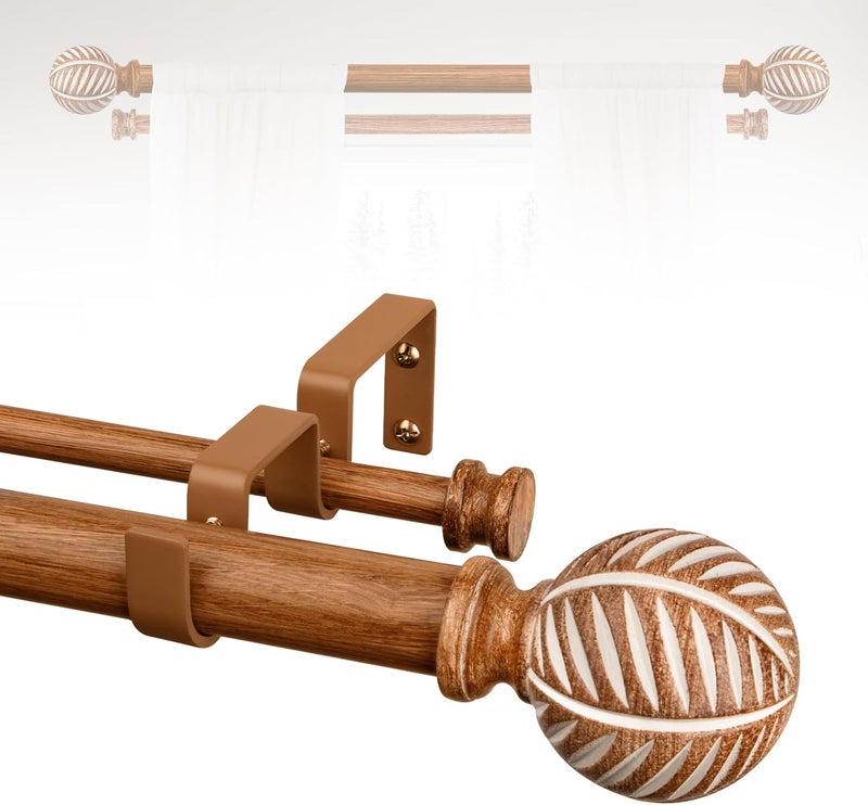 TANGWIN Boho Wooden Curtain Rods for Windows 66 to 120: 1" Heavy Duty Double Curtain Rod with Imitation Wood Grain Finials Farmhouse Decorative Wood Curtain Rod Dual Adjustable for Living Room Bedroom - Image 1